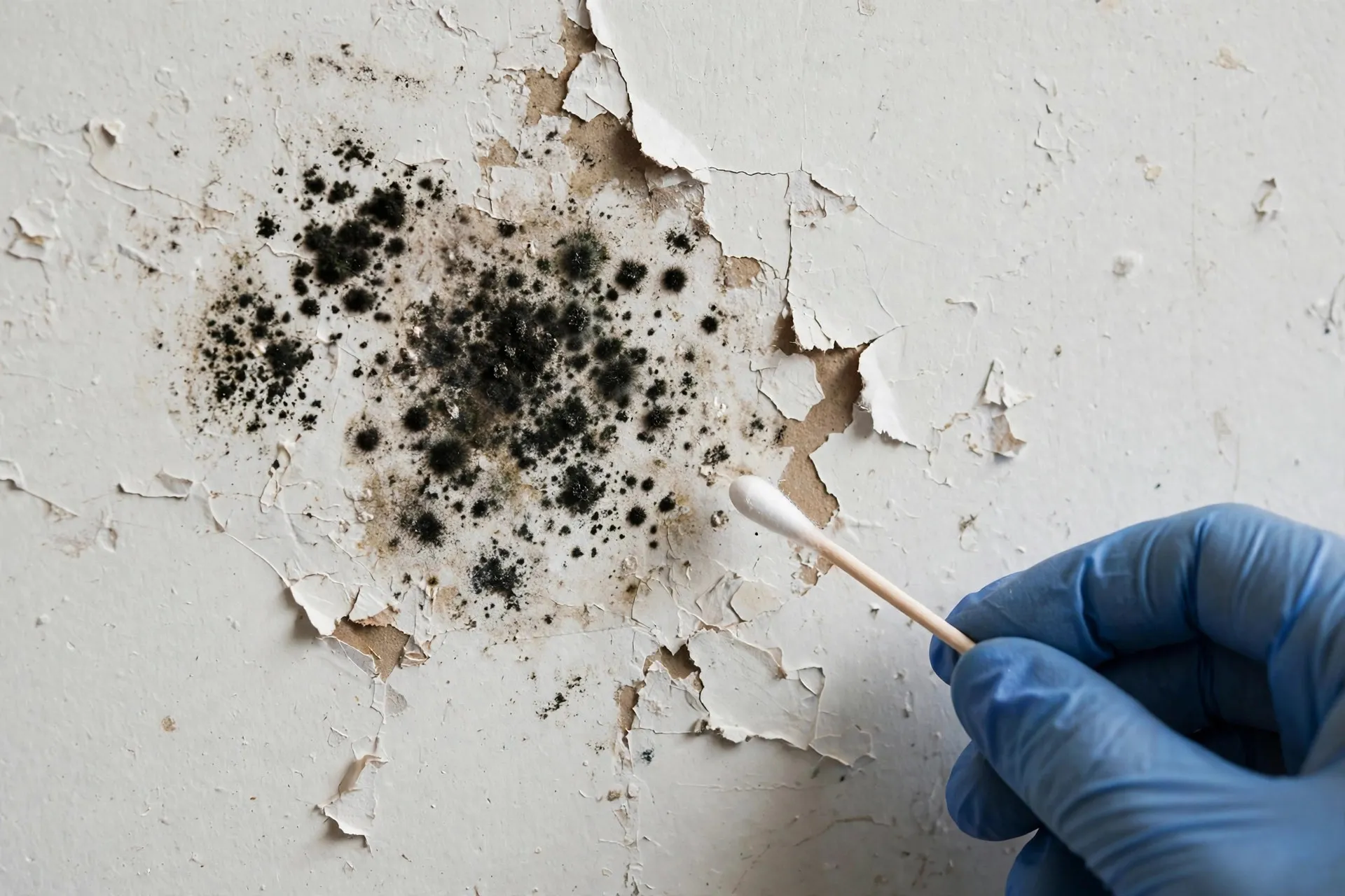 Close-up of black mold growth found during mold testing in an Albany NY home